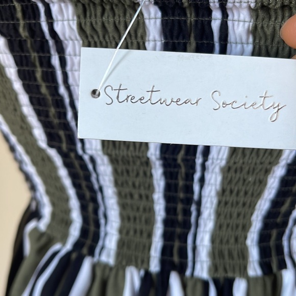 Smocked Strapless Romper Green Black White Stripes - Picture 4 of 13